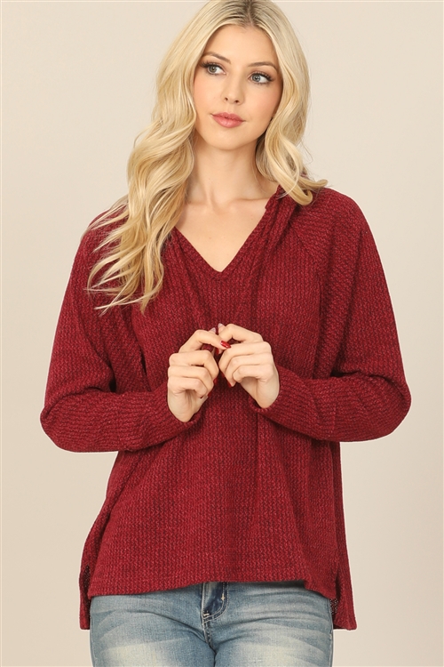 S13-8-4-T2349-BURGUNDY V-NECK LONG SLEEVE HOODIE KNITTED TOP 3-2-2