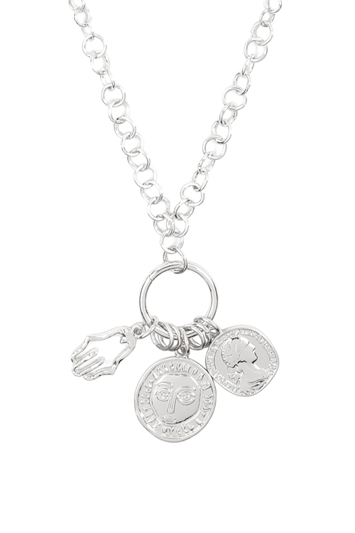S24-8-1/S24-8-2-CNA071RH - CLUSTER FACED PENDANT CHAIN NECKLACE-SILVER/6PCS (NOW $1.75 ONLY!)