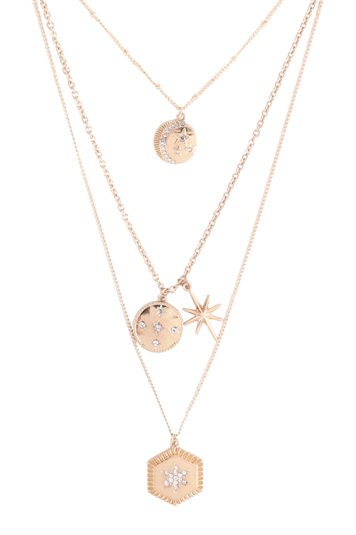 A3-2-3-CNA277WGCRY - 3 LAYERED MOON STAR CUBIC COIN PENDANT NECKLACE SET - MATTE GOLD CRYSTAL/6PCS