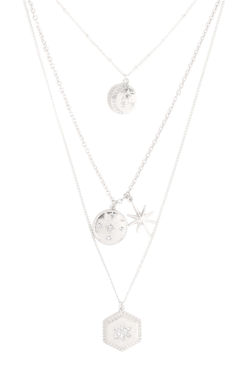 A3-2-3-CNA277WSCRY - 3 LAYERED MOON STAR CUBIC COIN PENDANT NECKLACE SET - MATTE SILVER CRYSTAL/6PCS  (NOW $2.50 ONLY!)