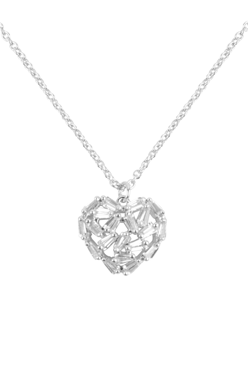 S17-11-3-CNA409RHCRY - HEART BAGUETTE CUBIC PAVE PENDANT BRASS NECKLACE - SILVER CRYSTAL/6PCS (NOW $3.00 ONLY!)