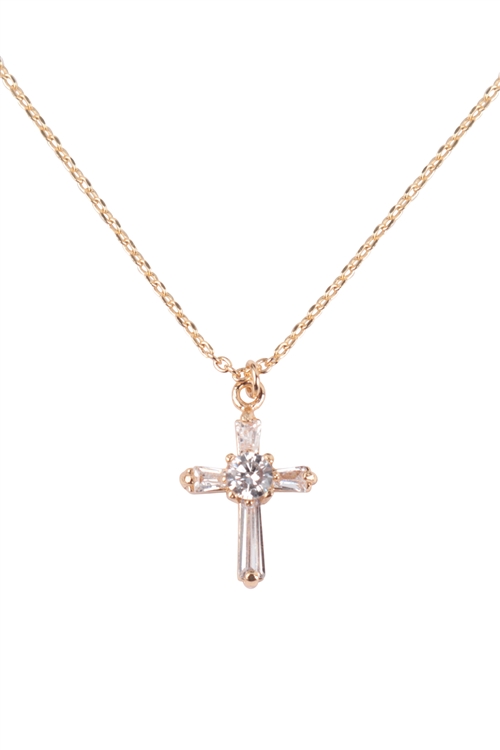 SA4-1-1-CNA415GDCRY - CENTER STONE CUBIC ZIRCONIA CROSS PENDANT BRASS NECKLACE - GOLD CRYSTAL/6PCS