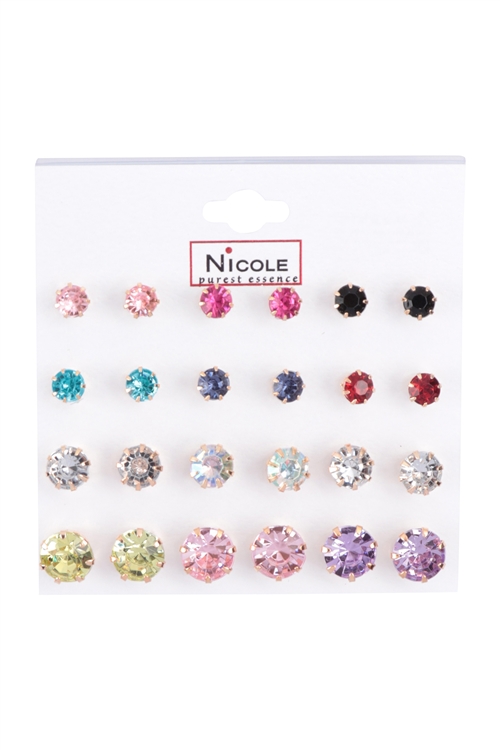 S23-13-4-CR2612A - RHINESTONE MULTI SIZE  ROUND EARRINGS ASSORTED SET - CRYSTAL MULTICOLOR/12PCS