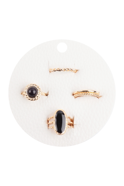 S6-6-1-CRA122GDBLK - ROUND OVAL NATURAL STONE TEXTURED 4PCS RING SET - GOLD BLACK/6PCS