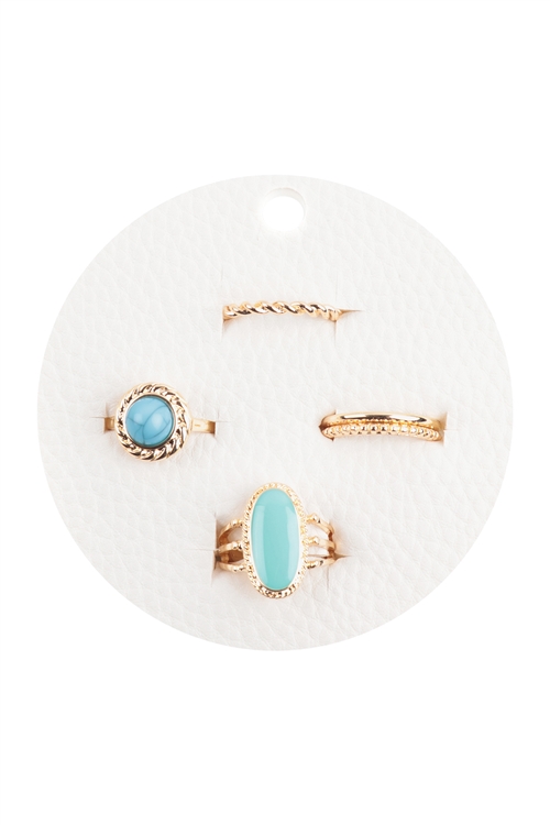 S6-6-1-CRA122GDTUQ - ROUND OVAL NATURAL STONE TEXTURED 4PCS RING SET - GOLD TURQUOISE/6PCS