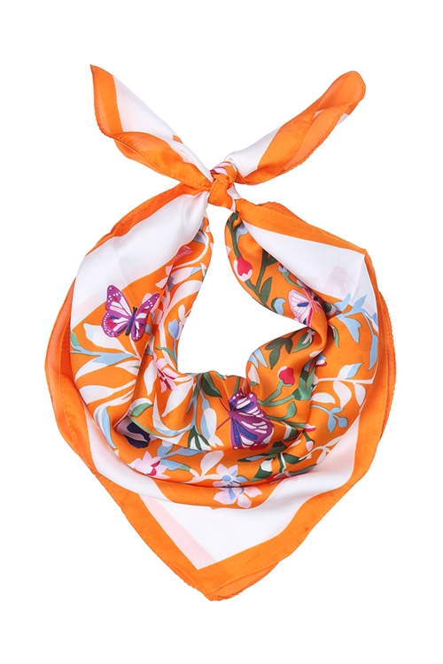 S2-9-5-CS4106ORG - ASIAN FLORAL PATTERN SILKY SQUARE SCARF-ORANGE/1PC