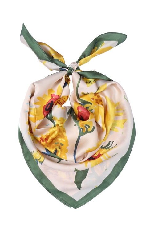 S29-3-4-CS4109 - YELLOW FLORAL SILKY SQUARE SCARF/1PC