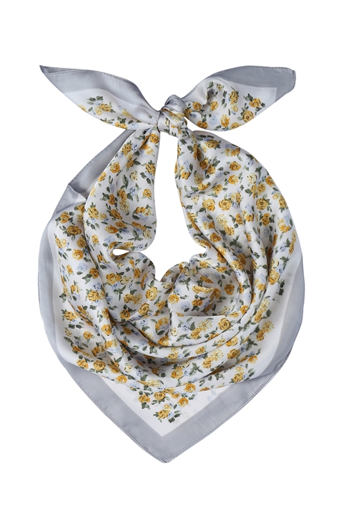 S22-11-1-CS4110GRY - MINI FLORAL SILKY SQUARE SCARF-GRAY/1PC