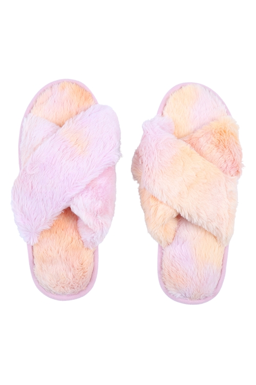 S2-4-4-CSL1501PKMULTI - TIE DYE FUZZY SLIPPERS - PINK MULTI/6PCS (S2-M2-L2)