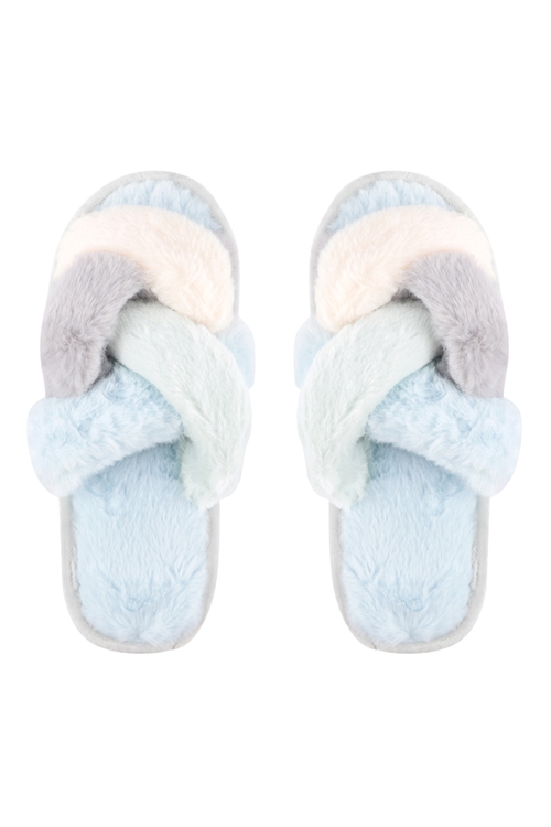 S28-6-6-CSL1505BL - FLUFFY DOUBLE CROSS SLIPPER - BLUE MULTICOLOR/6PAIRS (S2-M2-L2)