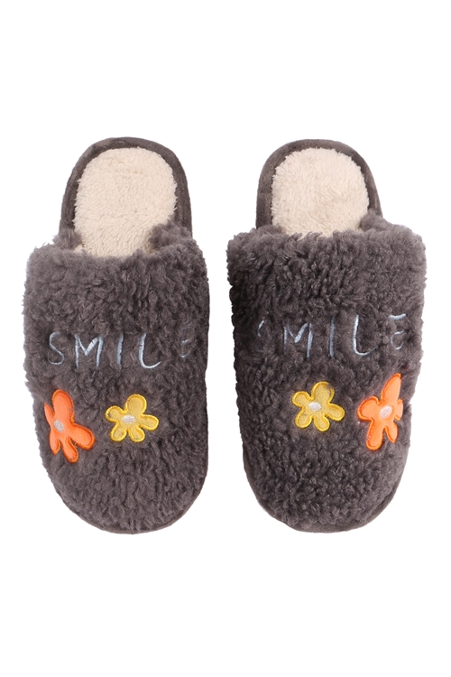 S26-7-5-CSL3504GRY - MINI DAISY EMBROIDERED FLEECE SLIPPERS -GRAY/6PCS (2S-3M-1L)