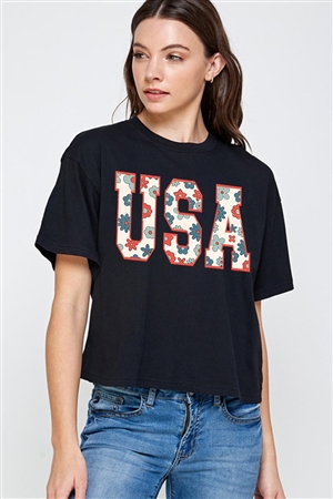 PO-CTS-E2274-B - USA 4TH OF JULY AMERICA PATRIOTIC GRAPHIC RELAXED CROP TOP- BLACK-2-2-2