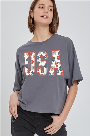 PO-CTS-E2274-CHA - USA 4TH OF JULY AMERICA PATRIOTIC GRAPHIC RELAXED CROP TOP- CHARCOAL-2-2-2