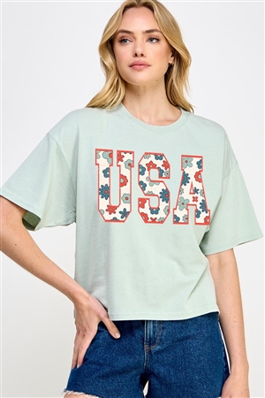 PO-CTS-E2274-DUST - USA 4TH OF JULY AMERICA PATRIOTIC GRAPHIC RELAXED CROP TOP- DUST MINT-2-2-2