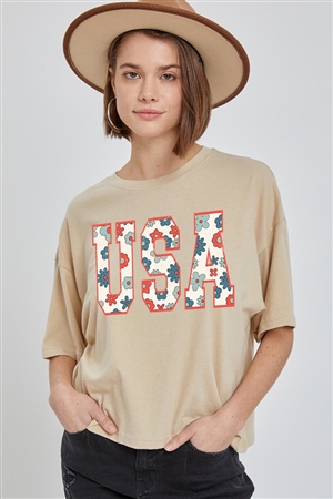 PO-CTS-E2274-KHA - USA 4TH OF JULY AMERICA PATRIOTIC GRAPHIC RELAXED CROP TOP- KHAKI-2-2-2