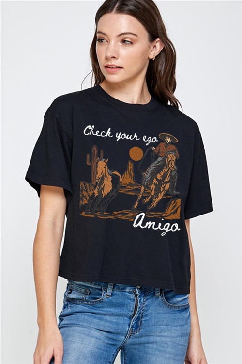 PO-CTS-E2316-B - CHECK YOUR EGO AMIGO COWBOY WESTERN OVERSIZED GRAPHIC RELAXED CROP TOP- BLACK-2-2-2