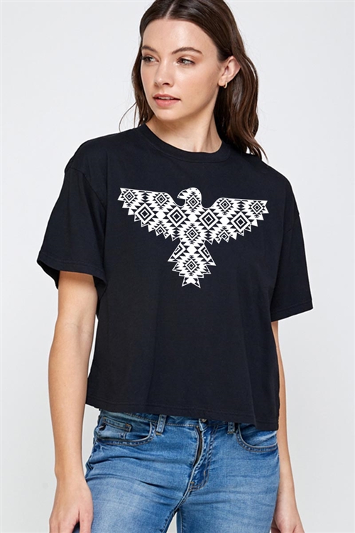 PO-CTS-E2317-B - AZTEC BIRD OVERSIZED GRAPHIC RELAXED CROP TOP- BLACK-2-2-2