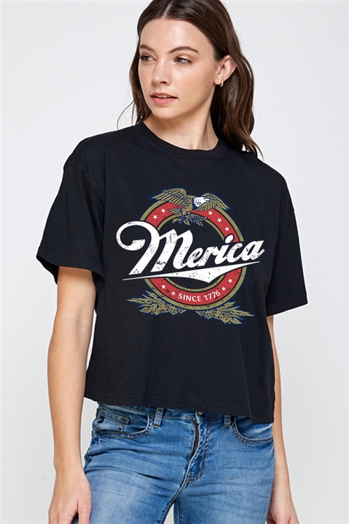 PO-CTS-E2331-B - MERICA SINCE 1776 AMERICAN EAGLE BEER OVERSIZED GRAPHIC RELAXED CROP TOP- BLACK-2-2-2