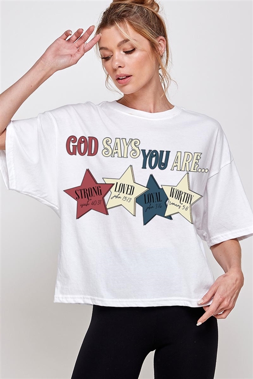 PO-CTS-E2338B-W - GOD SAYS YOU ARE STRONG LOVED OVERSIZED GRAPHIC RELAXED CROP TOP- WHITE-2-2-2