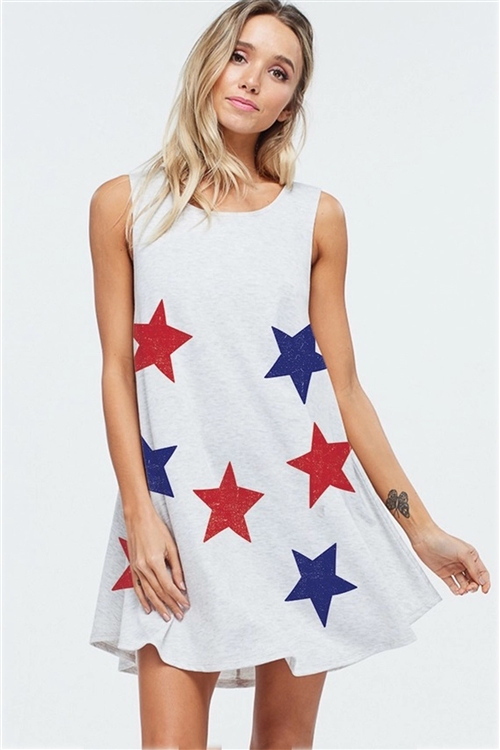 S36-1-1-D101G12707-LTGY - RED BLUE STAR PRINT MINI TANK DRESS- LT. GREY -2-2-2