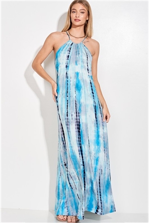 S36-1-1-D113-NVTQ - TIE DYE SPAGHETTI STRAP CAMI MAXI DRESS- NAVY/TURQUOISE -2-2-2