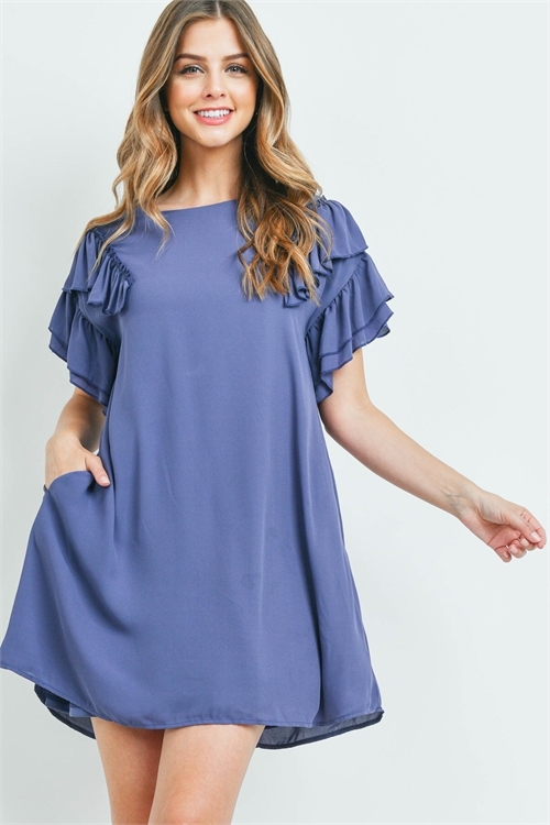 BLK-8-1-D41353-IDG-A - LAYERED RUFFLE SHORT SLEEVE DRESS- INDIGO 1-1-2-0