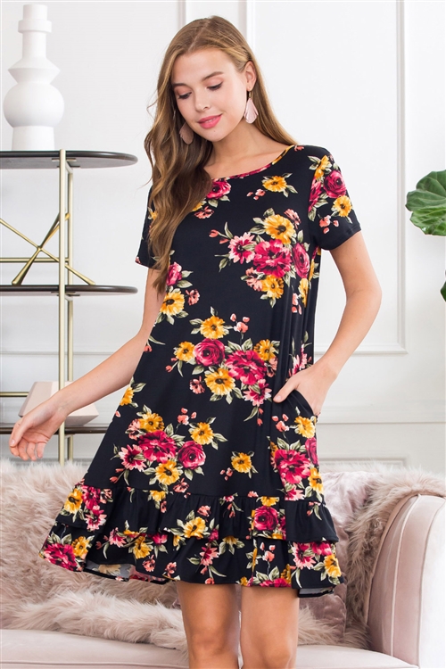 S10-16-4-D6690-F32-BK-1 - SHORT SLEEVED FLORAL RUFFLED HEM DRESS- BLACK 3-0-0-1