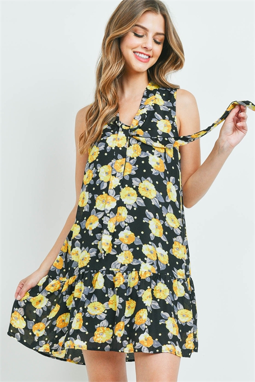 S16-9-2-D7137-BK-A - FLOWER PRINT DRESS- BLACK 1-2-2