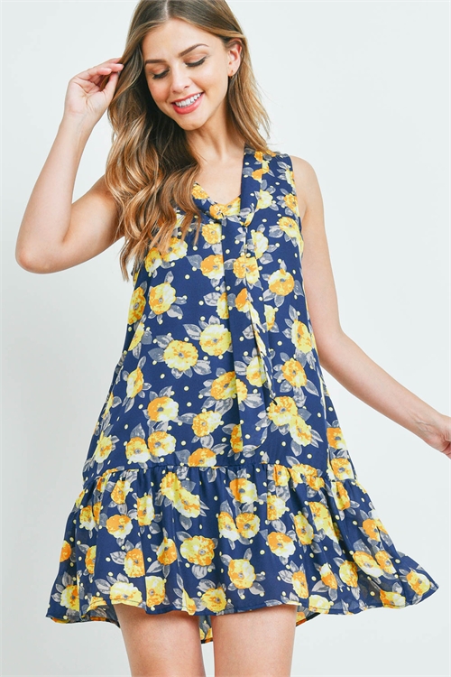 S16-10-6-D7137-NV-A -FLOWER PRINT DRESS-NAVY 2-2-1-0