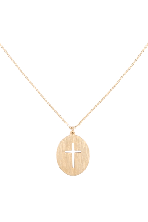 S1-1-4-DNB113BG - CROSS CUTOUT OVAL BRASS PENDANT NECKLACE - GOLD/6PCS