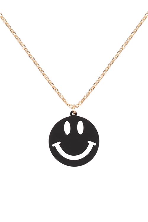 S6-4-5-DNB299GDBLK - BRASS RUBBER COATED SMILEY FACE PENDANT NECKLACE - GOLD BLACK/6PCS