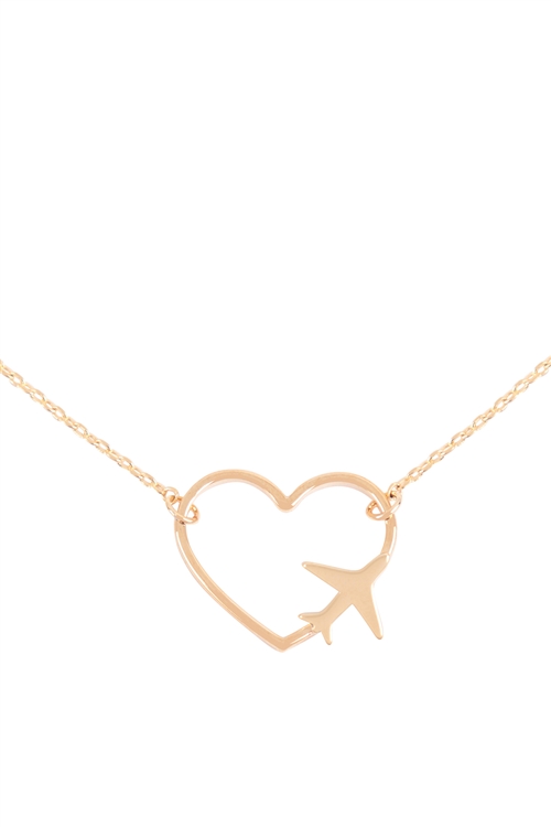 S6-4-4-DNB307GD - OPEN HEART W/ AIRPLANE ACCENT COLOR PENDANT BRASS NECKLACE - GOLD/1PC