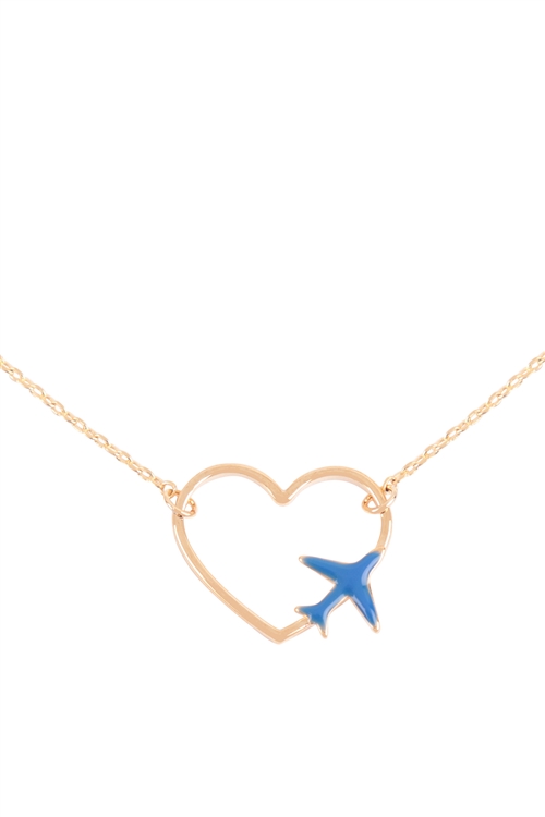 S6-4-4-DNB307GDBLE - OPEN HEART W/ AIRPLANE ACCENT COLOR PENDANT BRASS NECKLACE - GOLD BLUE/1PC