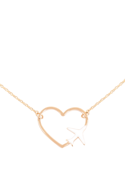 S6-4-4-DNB307GDWHT - OPEN HEART W/ AIRPLANE ACCENT COLOR PENDANT BRASS NECKLACE - GOLD WHITE/1PC