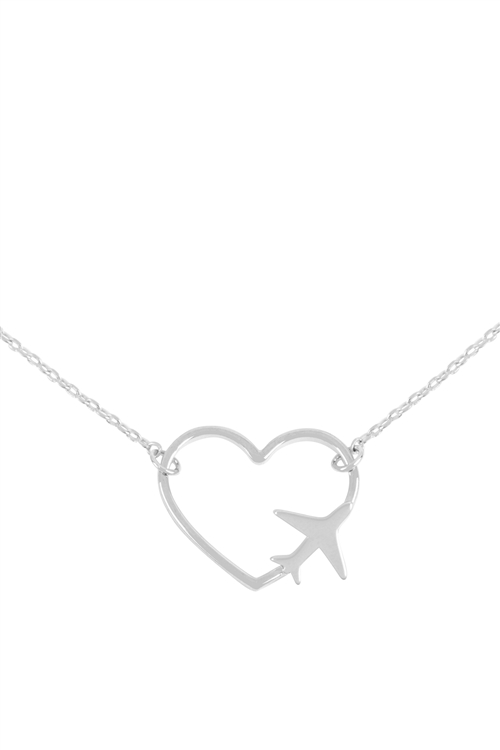 S6-4-4-DNB307RH - OPEN HEART W/ AIRPLANE ACCENT COLOR PENDANT BRASS NECKLACE - SILVER/1PC