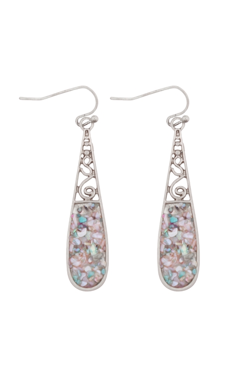 A1-2-3-E0917WS - HALF FILIGREE & HALF MIXED CRAKED STONE FISHOOK EARRINGS-MATTE SILVER/1PAIR