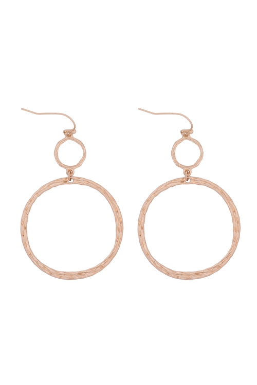 A1-2-3-E1076WG - TEXTURED TWO DIFFERENT SIZE OPEN CIRCLE FISH HOOK EARRINGS-MATTE GOLD/6PAIRS