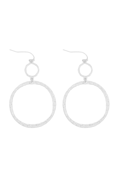 A1-2-3-E1076WS - TEXTURED TWO DIFFERENT SIZE OPEN CIRCLE FISH HOOK EARRINGS-MATTE SILVER/6PAIRS