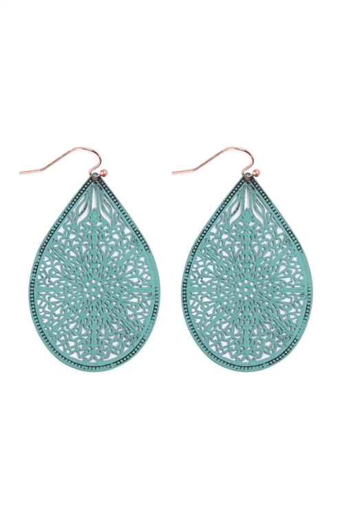 A1-1-2-E1094PAT- FILIGREE TEARDROP HOOK EARRINGS-TURQUOISE/1PC