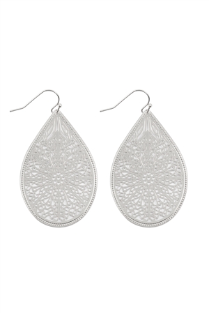 S1-4-3-E1094SV - FILIGREE TEARDROP HOOK EARRINGS-SILVER/1PC