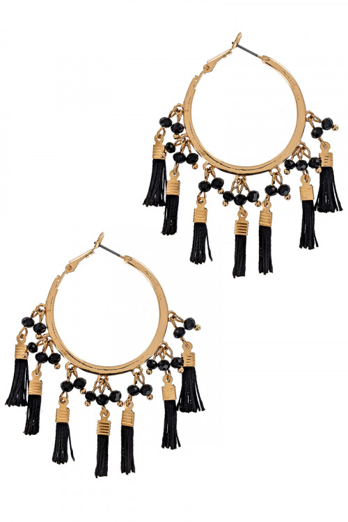 S1-5-3-LBE1633JT JET GOLD HOOP WITH MULTIPLE TASSELS EARRING/3PAIRS