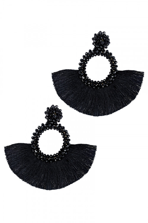 S1-2-1-LBE1705JT JET BLACK BEADED WITH MATCHING TASSEL EARRINGS/3PAIRS