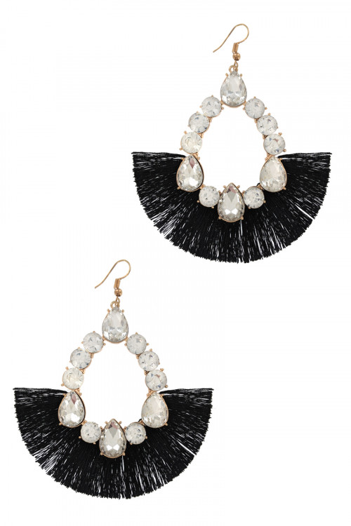 S1-6-4-LBE2147JT JET BLACK RHINESTONE & TASSEL DROP EARRINGS/3PAIRS