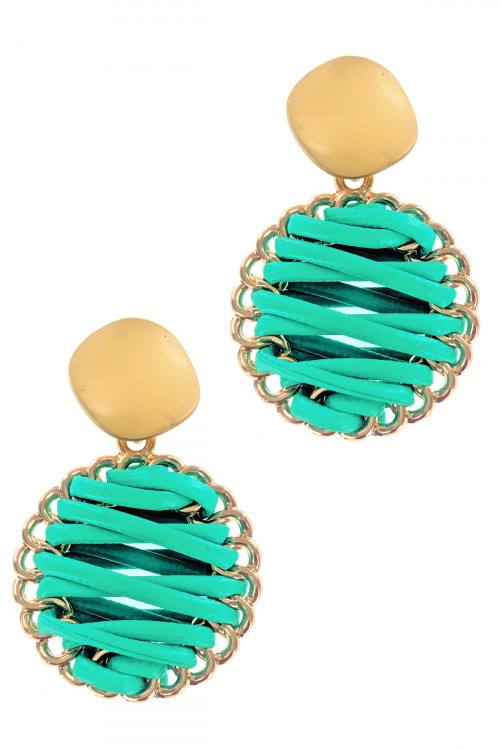 S1-2-3-LBE2179AQ TURQUOISE BRAIDED LEATHER WITH MATTE GOLD EARRINGS/3PAIRS