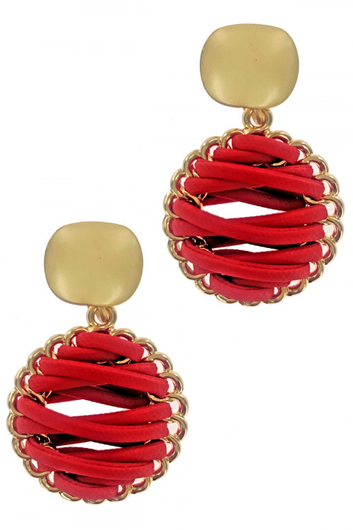 S1-2-2-LBE2179RD RED BRAIDED LEATHER WITH MATTE GOLD EARRINGS/3PAIRS