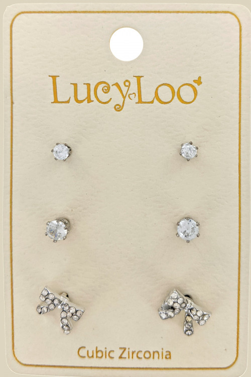 S1-5-4-LBE2212 SILVER 3-PAIR ON A CARD CUBIC ZIRCONIA STUDS AND BOW EARRINGS SET/6SETS