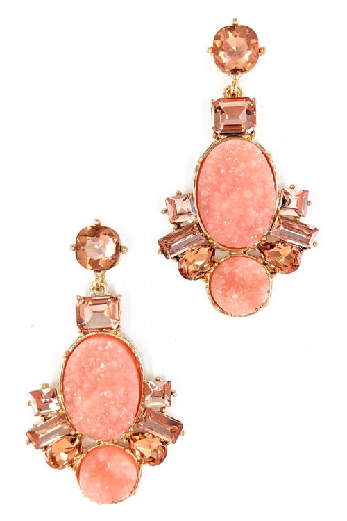 S1-4-3-LBE2328PCH PEACH COLORED DRUZY STONE FASHION EARRING/3PAIRS