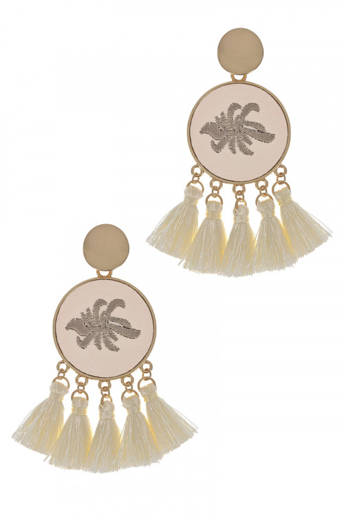 S1-7-2-LBE2347BE BEIGE ROUND EMBROIDERY TASSEL EARRINGS/3PAIRS