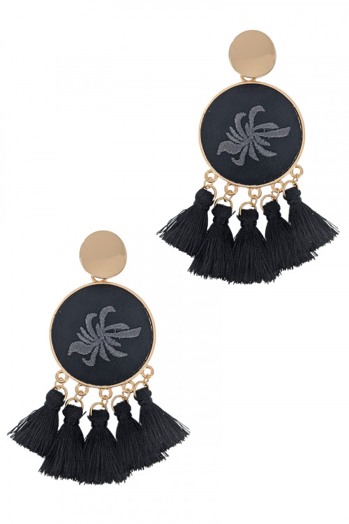 S1-7-2-LBE2347BK BLACK ROUND EMBROIDERY TASSEL EARRINGS/3PAIRS