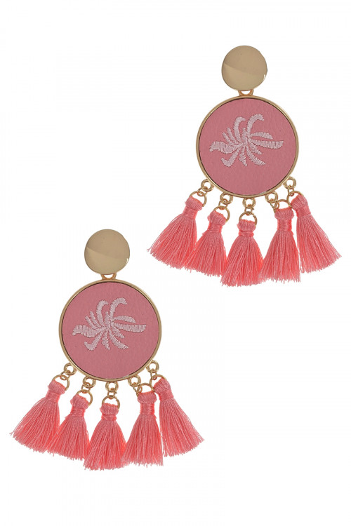 S1-8-4-LBE2347RS ROSE ROUND EMBROIDERY TASSEL EARRINGS/3PAIRS